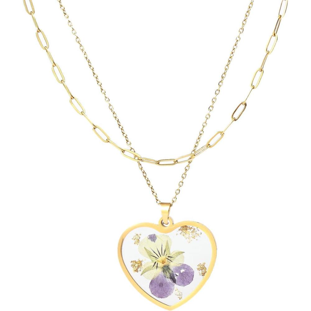 imageLit Wall Birth Flower Necklaces for Women Gold 2Pcs 18K Gold Plated Handmade Pressed Flower Necklace Heart Shaped Birth Month Flower Necklace Flower Pendant Necklace Birthday Gifts for WomenFebruary Birth Flower
