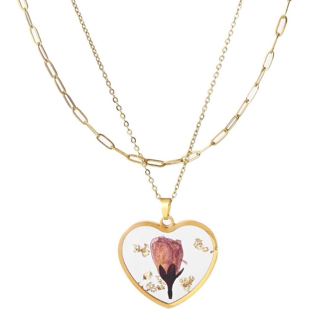 imageLit Wall Birth Flower Necklaces for Women Gold 2Pcs 18K Gold Plated Handmade Pressed Flower Necklace Heart Shaped Birth Month Flower Necklace Flower Pendant Necklace Birthday Gifts for WomenAugust Birth Flower