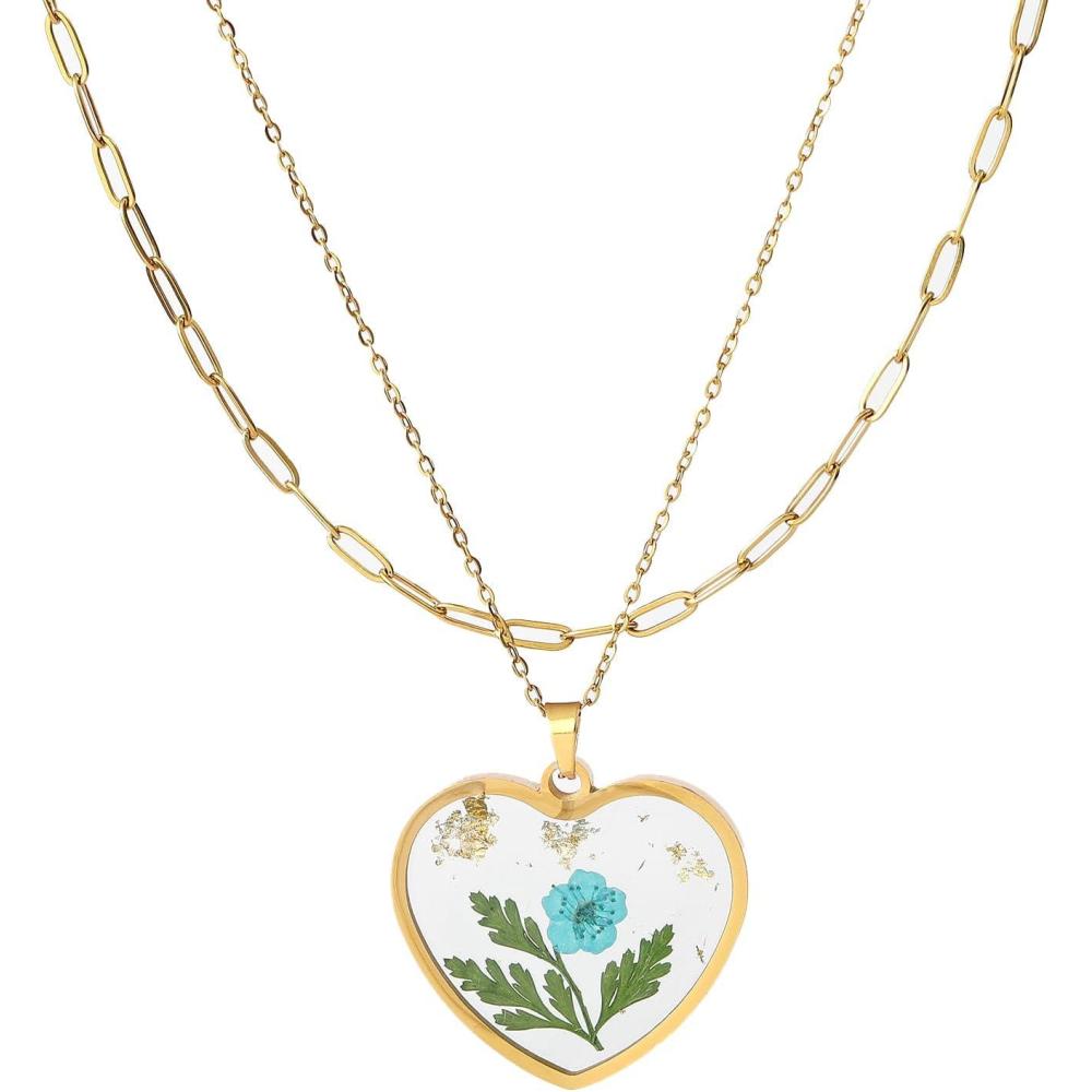 imageLit Wall Birth Flower Necklaces for Women Gold 2Pcs 18K Gold Plated Handmade Pressed Flower Necklace Heart Shaped Birth Month Flower Necklace Flower Pendant Necklace Birthday Gifts for WomenMarch Birth Flower