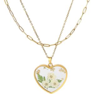 Lit Wall Birth Flower Necklaces for Women Gold 2Pcs 18K Gold Plated Handmade Pressed Flower Necklace Heart Shaped Birth Month Flower Necklace Flower Pendant Necklace Birthday Gifts for Women(May Birth Flower)