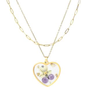 Lit Wall Birth Flower Necklaces for Women Gold 2Pcs 18K Gold Plated Handmade Pressed Flower Necklace Heart Shaped Birth Month Flower Necklace Flower Pendant Necklace Birthday Gifts for Women(February Birth Flower)