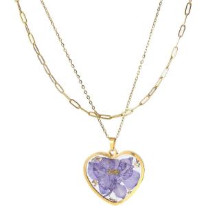 Lit Wall Birth Flower Necklaces for Women Gold 2Pcs 18K Gold Plated Handmade Pressed Flower Necklace Heart Shaped Birth Month Flower Necklace Flower Pendant Necklace Birthday Gifts for Women(July Birth Flower)