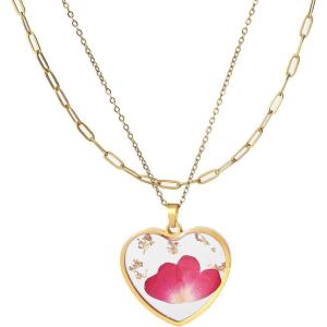 Lit Wall Birth Flower Necklaces for Women Gold 2Pcs 18K Gold Plated Handmade Pressed Flower Necklace Heart Shaped Birth Month Flower Necklace Flower Pendant Necklace Birthday Gifts for Women(January Birth Flower)