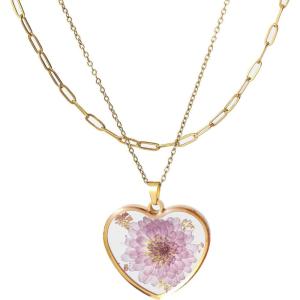 Lit Wall Birth Flower Necklaces for Women Gold 2Pcs 18K Gold Plated Handmade Pressed Flower Necklace Heart Shaped Birth Month Flower Necklace Flower Pendant Necklace Birthday Gifts for Women(November Birth Flower)