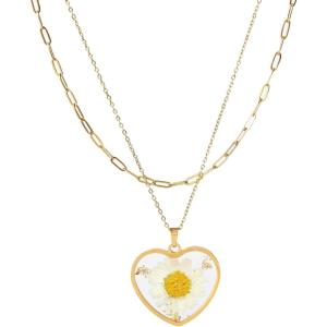 Lit Wall Birth Flower Necklaces for Women Gold 2Pcs 18K Gold Plated Handmade Pressed Flower Necklace Heart Shaped Birth Month Flower Necklace Flower Pendant Necklace Birthday Gifts for Women(April Birth Flower)