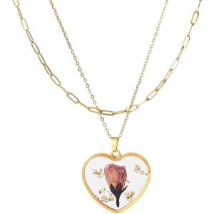 Lit Wall Birth Flower Necklaces for Women Gold 2Pcs 18K Gold Plated Handmade Pressed Flower Necklace Heart Shaped Birth Month Flower Necklace Flower Pendant Necklace Birthday Gifts for Women(August Birth Flower)