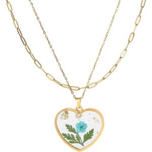 Lit Wall Birth Flower Necklaces for Women Gold 2Pcs 18K Gold Plated Handmade Pressed Flower Necklace Heart Shaped Birth Month Flower Necklace Flower Pendant Necklace Birthday Gifts for Women(March Birth Flower)