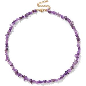 Raw Crystal Necklaces for Women 5-8mm Handmade Natural Stone Necklace Beaded Choker Necklace Healing Crystal Necklace Gemstone Necklace Raw Crystal Beaded Necklace for Her(Amethyst)