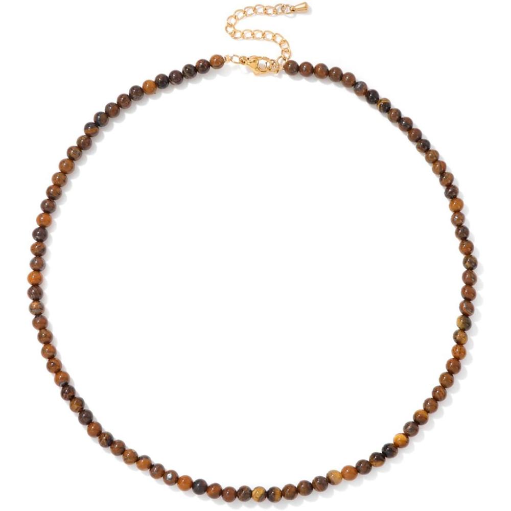 image:imageCrystal Necklaces for Women 4mm Handmade Natural Stone Choker Beaded Necklace Healing Crystal Necklace Gemstone Necklace Crystal Bead Necklace for WomenTiger Eye