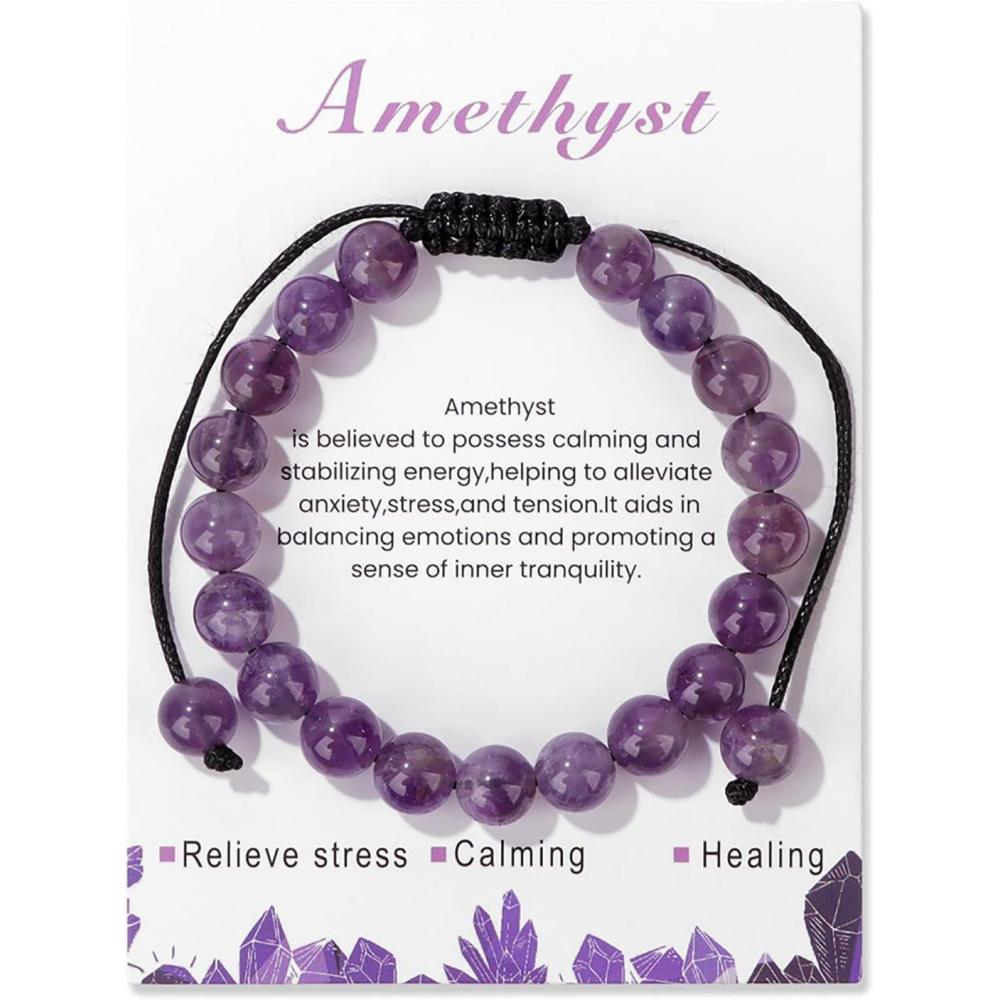 image:imageHealing Crystal Bracelet for Women 8mm Natural Stone Crystal Beaded Bracelets Adjustable Handmade Gemstone Bracelet Healing Jewelry Mothers Day Gifts for Womenamethyst