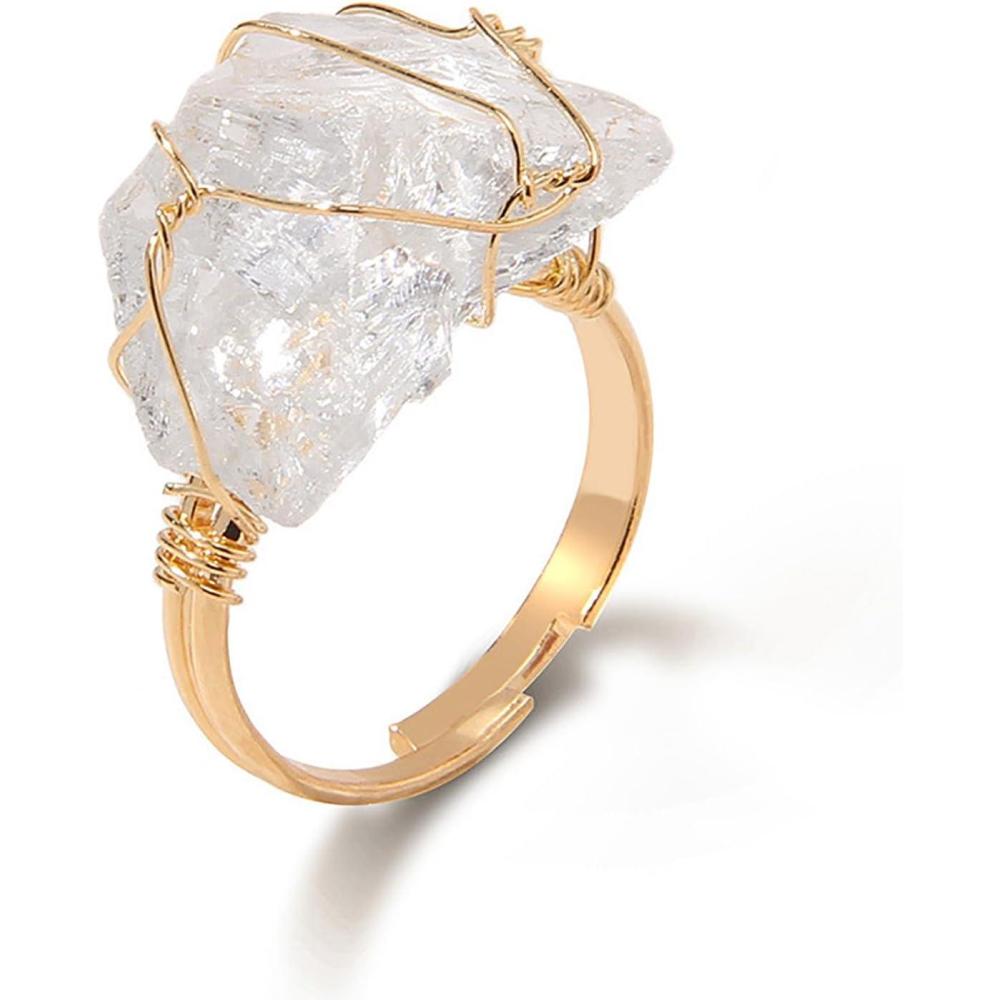 image:imageRaw Crystal Rings for Women 14k Gold Plated Adjustable Natural Stone Ring Irregular Wire Wrapped Rings Gold Gemstone Rings Crystal Jewelry Gifts Healing Crystal Rings for Womenclear quartz