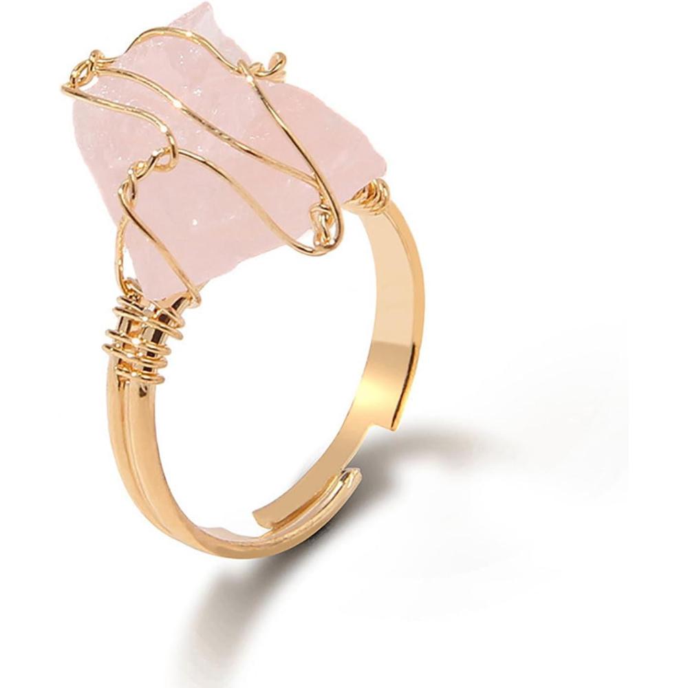 image:imageRaw Crystal Rings for Women 14k Gold Plated Adjustable Natural Stone Ring Irregular Wire Wrapped Rings Gold Gemstone Rings Crystal Jewelry Gifts Healing Crystal Rings for Womenrose quartz