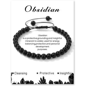 Crystal Bracelet for Women 6mm Natural Stone Bracelets Adjustable Handmade Beaded Bracelets Braided Gemstone Bracelet Healing Crystal Bracelet Crystal Jewelry for Women(obsidian)