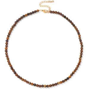 Crystal Necklaces for Women 4mm Handmade Natural Stone Choker Beaded Necklace Healing Crystal Necklace Gemstone Necklace Crystal Bead Necklace for Women(Tiger Eye)