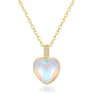 Heart Birthstone Necklace for Women, 14K Gold Plated Birthstone Pendant Necklace Cubic Zirconia Diamond Necklace Dainty Gold Necklace Birthday Gifts for Women Girls(06. June(Moonstone))