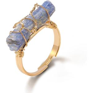 Raw Crystal Rings for Women 14k Gold Plated Adjustable Natural Stone Ring Irregular Wire Wrapped Rings Gold Gemstone Rings Crystal Jewelry Gifts Healing Crystal Rings for Women(lapis lazuli)