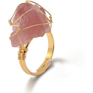 Raw Crystal Rings for Women 14k Gold Plated Adjustable Natural Stone Ring Irregular Wire Wrapped Rings Gold Gemstone Rings Crystal Jewelry Gifts Healing Crystal Rings for Women(strawberry quartz)