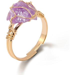 Raw Crystal Rings for Women 14k Gold Plated Adjustable Natural Stone Ring Irregular Wire Wrapped Rings Gold Gemstone Rings Crystal Jewelry Gifts Healing Crystal Rings for Women(amethyst)