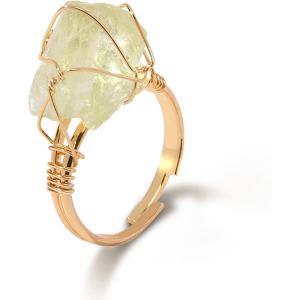 Raw Crystal Rings for Women 14k Gold Plated Adjustable Natural Stone Ring Irregular Wire Wrapped Rings Gold Gemstone Rings Crystal Jewelry Gifts Healing Crystal Rings for Women(peridot)