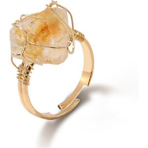 Raw Crystal Rings for Women 14k Gold Plated Adjustable Natural Stone Ring Irregular Wire Wrapped Rings Gold Gemstone Rings Crystal Jewelry Gifts Healing Crystal Rings for Women(citrine)