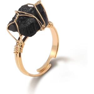 Raw Crystal Rings for Women 14k Gold Plated Adjustable Natural Stone Ring Irregular Wire Wrapped Rings Gold Gemstone Rings Crystal Jewelry Gifts Healing Crystal Rings for Women(obsidian)