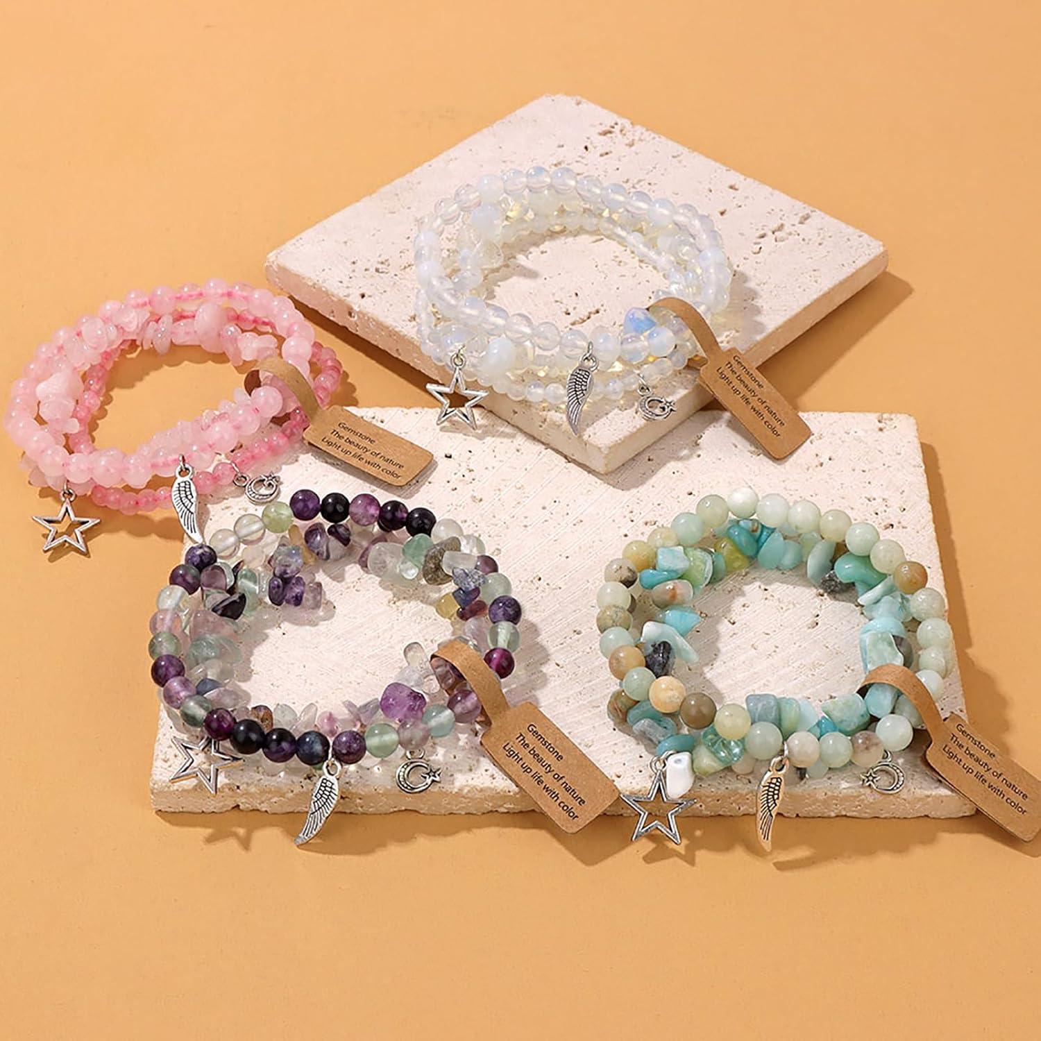 image:image3Pcs Crystal Bracelet for Women Handmade Crystals and Healing Stones Bracelets Natural Stone Beaded Bracelets Set Star Moon Feather Boho Bracelets Birthday Gifts for Women Girlsmoonstone