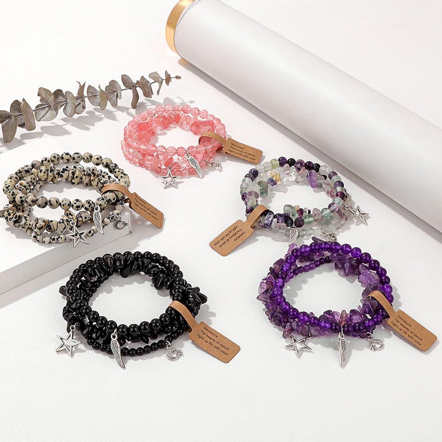 image:image3Pcs Crystal Bracelet for Women Handmade Crystals and Healing Stones Bracelets Natural Stone Beaded Bracelets Set Star Moon Feather Boho Bracelets Birthday Gifts for Women Girlsobsidian