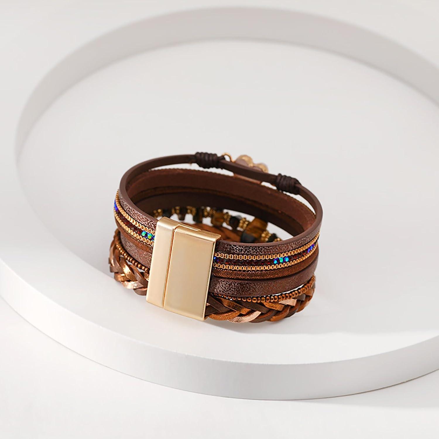 image:imageBrown Leather Bracelets for Men Boho Handmade Wrap Bracelets Stackable Sparkling Heart Bracelet Crystal Bead Cuff Bracelet with Magnetic Clasp Birthday Christmas Jewelry Gifts for Women Men