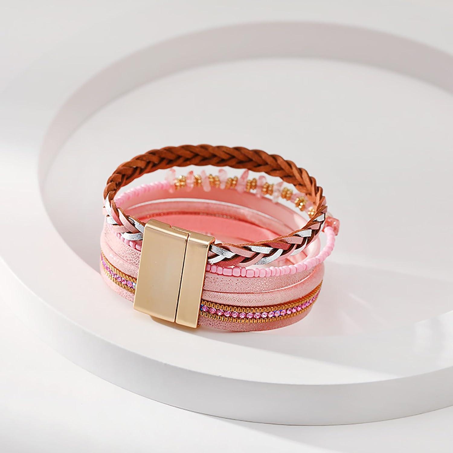 image:imageLeather Wrap Bracelets for Women Boho Trendy Handmade Stacked Sparkling Heart Bracelet Crystal Beads Cuff Bracelet with Magnetic Clasp Valentines Day Gifts for Women Teens GirlsPink