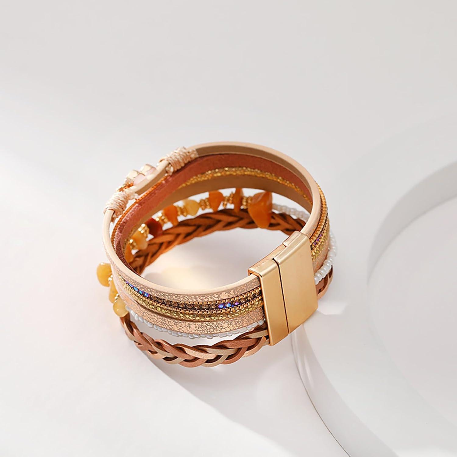 image:imageRose Gold Leather Bracelets for Women Boho Handmade Wrap Bracelets Stackable Sparkling Heart Bracelet Crystal Bead Cuff Bracelet with Magnetic Clasp Birthday Christmas Jewelry Gifts for Women