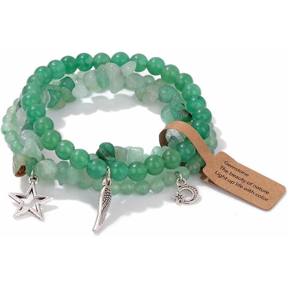 image:image3Pcs Crystal Bracelet for Women Handmade Crystals and Healing Stones Bracelets Natural Stone Beaded Bracelets Set Star Moon Feather Boho Bracelets Birthday Gifts for Women GirlsAventurine