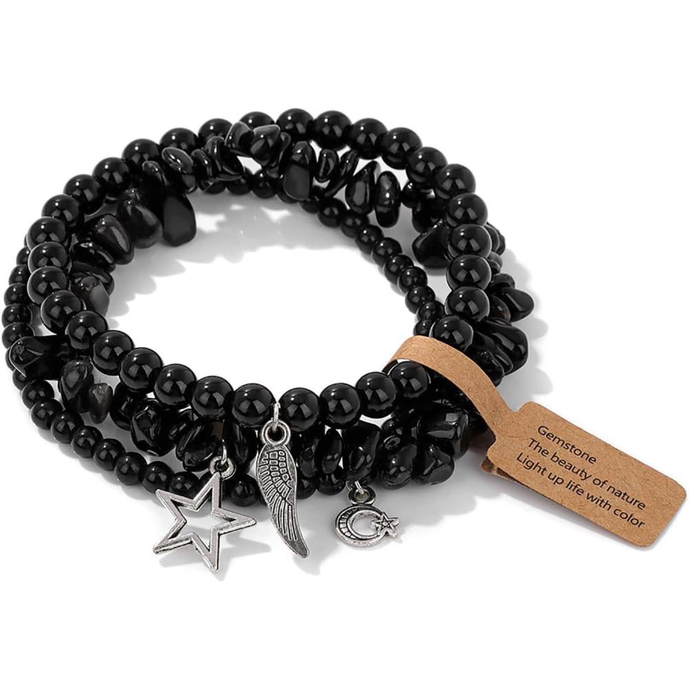 image:image3Pcs Crystal Bracelet for Women Handmade Crystals and Healing Stones Bracelets Natural Stone Beaded Bracelets Set Star Moon Feather Boho Bracelets Birthday Gifts for Women Girlsobsidian