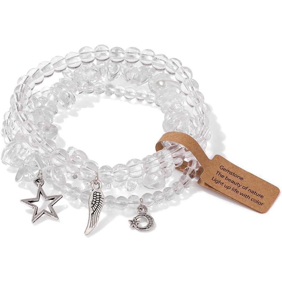 image:image3Pcs Crystal Bracelet for Women Handmade Crystals and Healing Stones Bracelets Natural Stone Beaded Bracelets Set Star Moon Feather Boho Bracelets Birthday Gifts for Women Girlsclear quartz