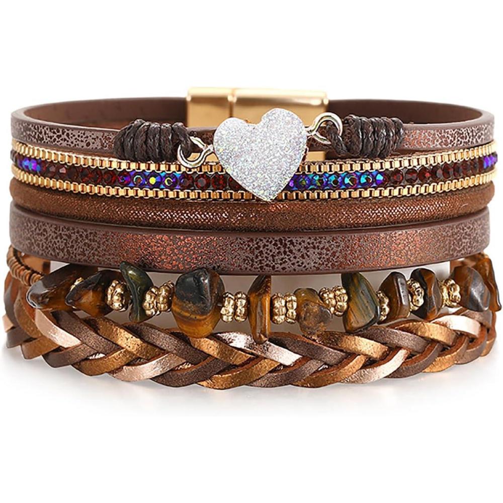 image:imageBrown Leather Bracelets for Men Boho Handmade Wrap Bracelets Stackable Sparkling Heart Bracelet Crystal Bead Cuff Bracelet with Magnetic Clasp Birthday Christmas Jewelry Gifts for Women Men