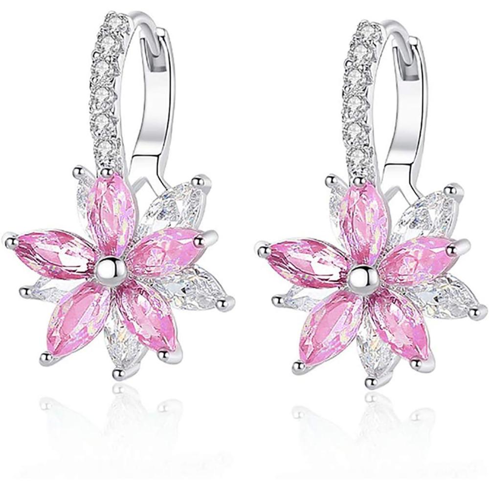 image:imageFlower Earrings for Women Trendy 18K White Gold Plated Cubic Zirconia Hypoallergenic Drop Earrings Floral Jewelry for WomenPink Flower
