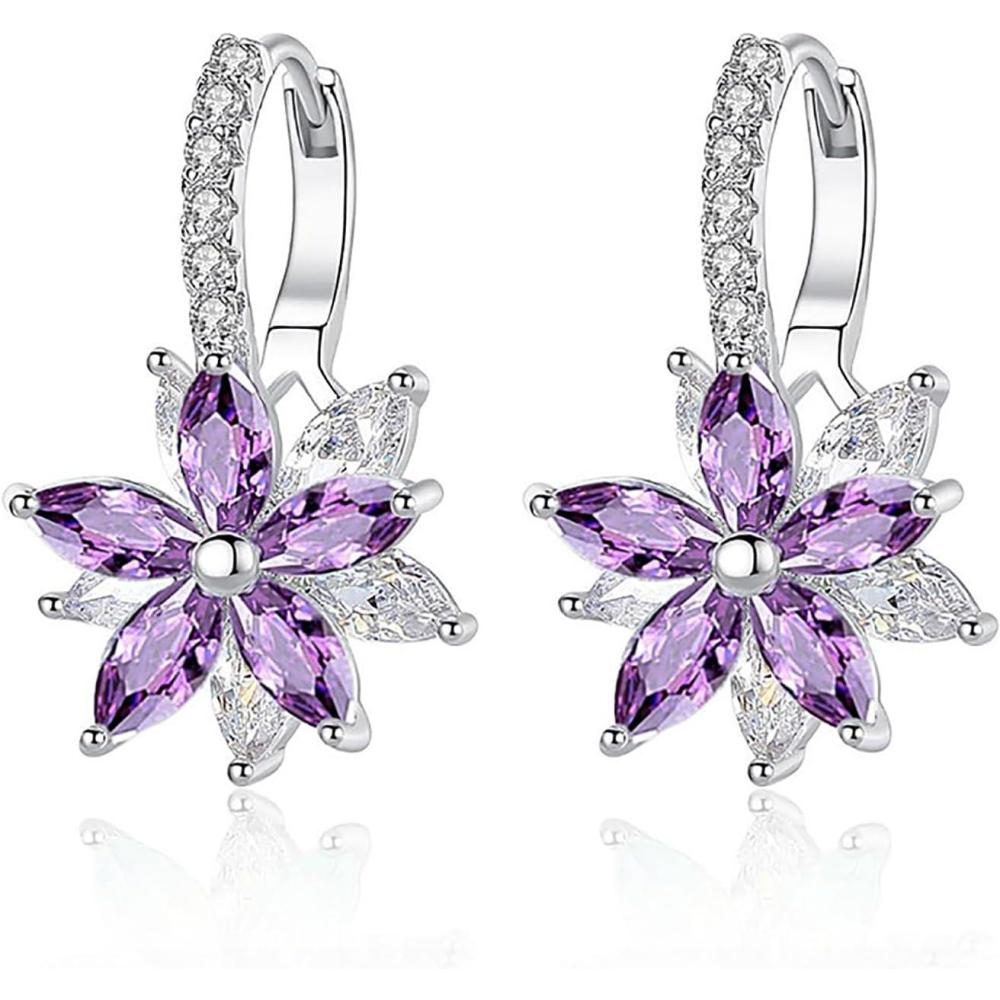 image:imageFlower Earrings for Women Trendy 18K White Gold Plated Cubic Zirconia Hypoallergenic Drop Earrings Floral Jewelry for WomenPurple Flower