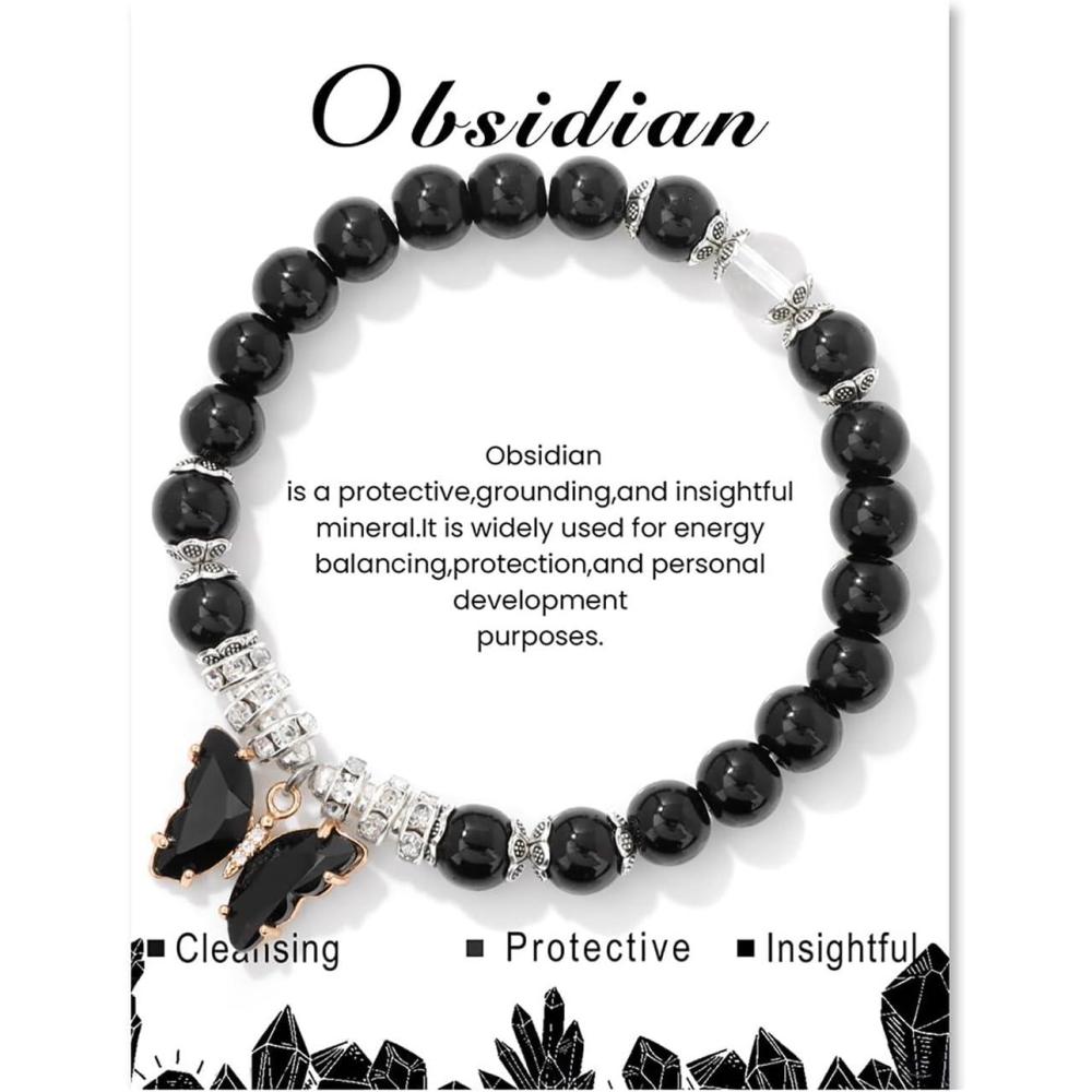 image:imageHealing Crystal Bracelet for Women 8mm Adjustable Butterfly Charm Bracelet Crystal Beaded Bracelets Butterfly Bracelets for Women GirlsBlack Tourmaline
