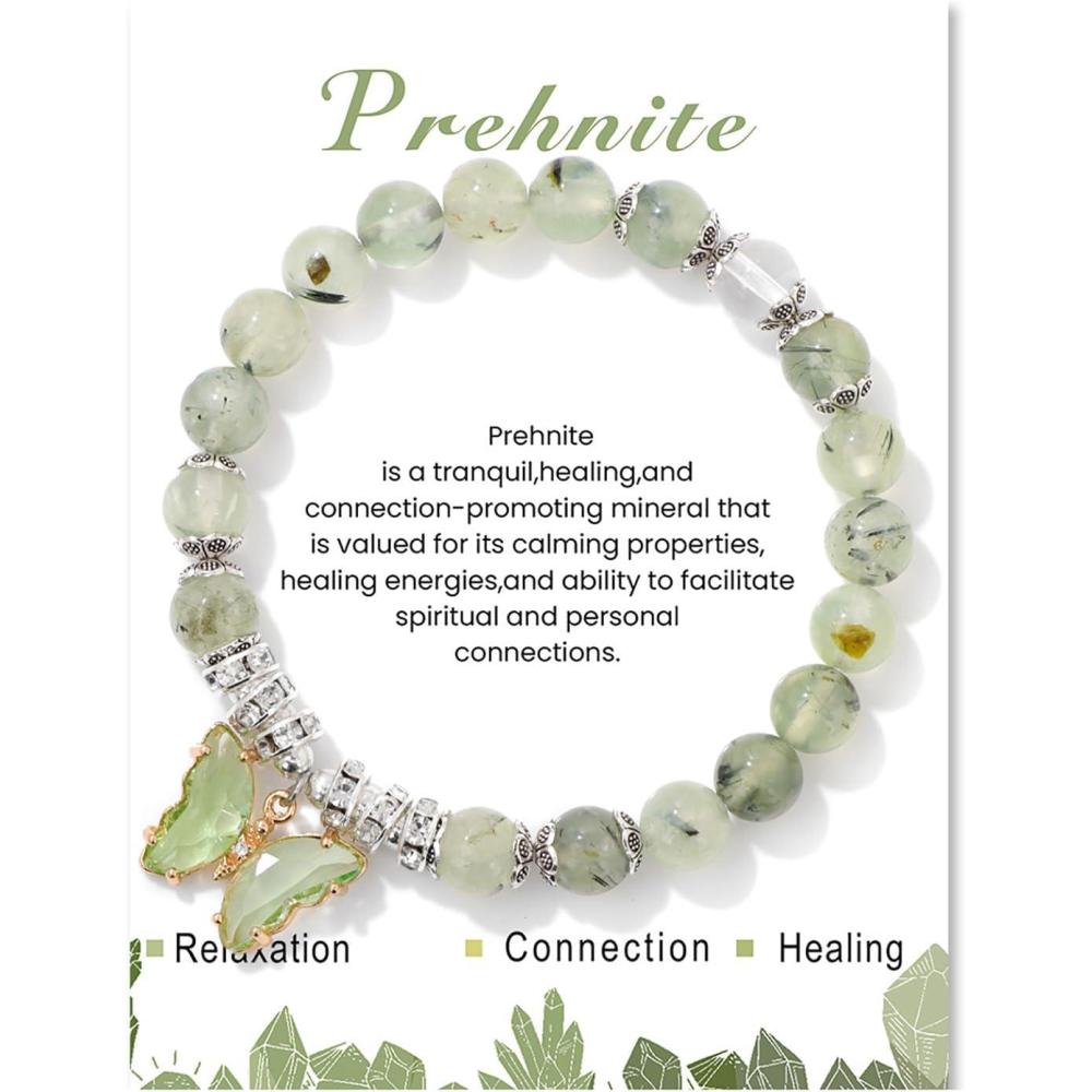 image:imageHealing Crystal Bracelet for Women 8mm Adjustable Butterfly Charm Bracelet Crystal Beaded Bracelets Butterfly Bracelets for Women GirlsPrehnite