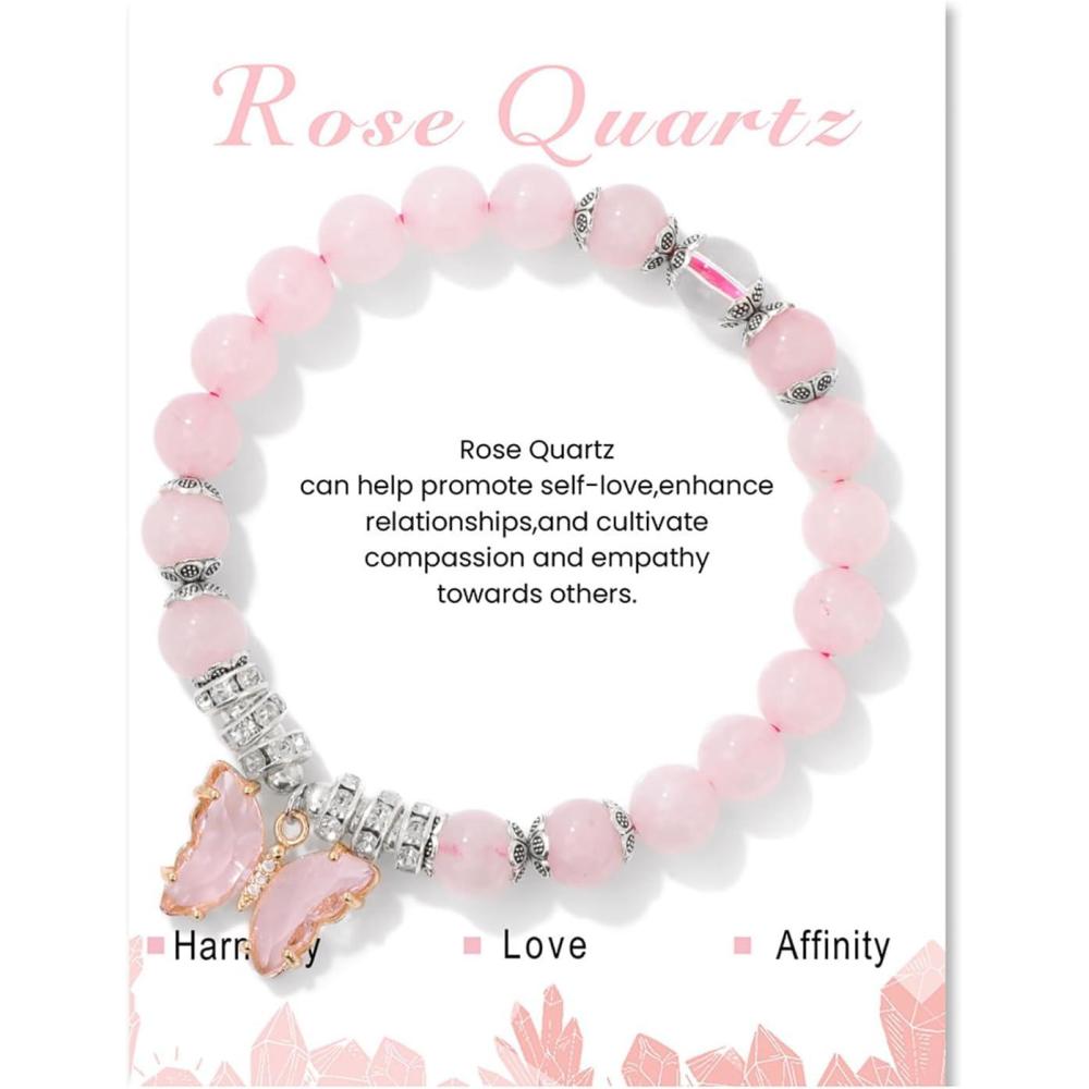 image:imageHealing Crystal Bracelet for Women 8mm Adjustable Butterfly Charm Bracelet Crystal Beaded Bracelets Butterfly Bracelets for Women GirlsRose Quartz