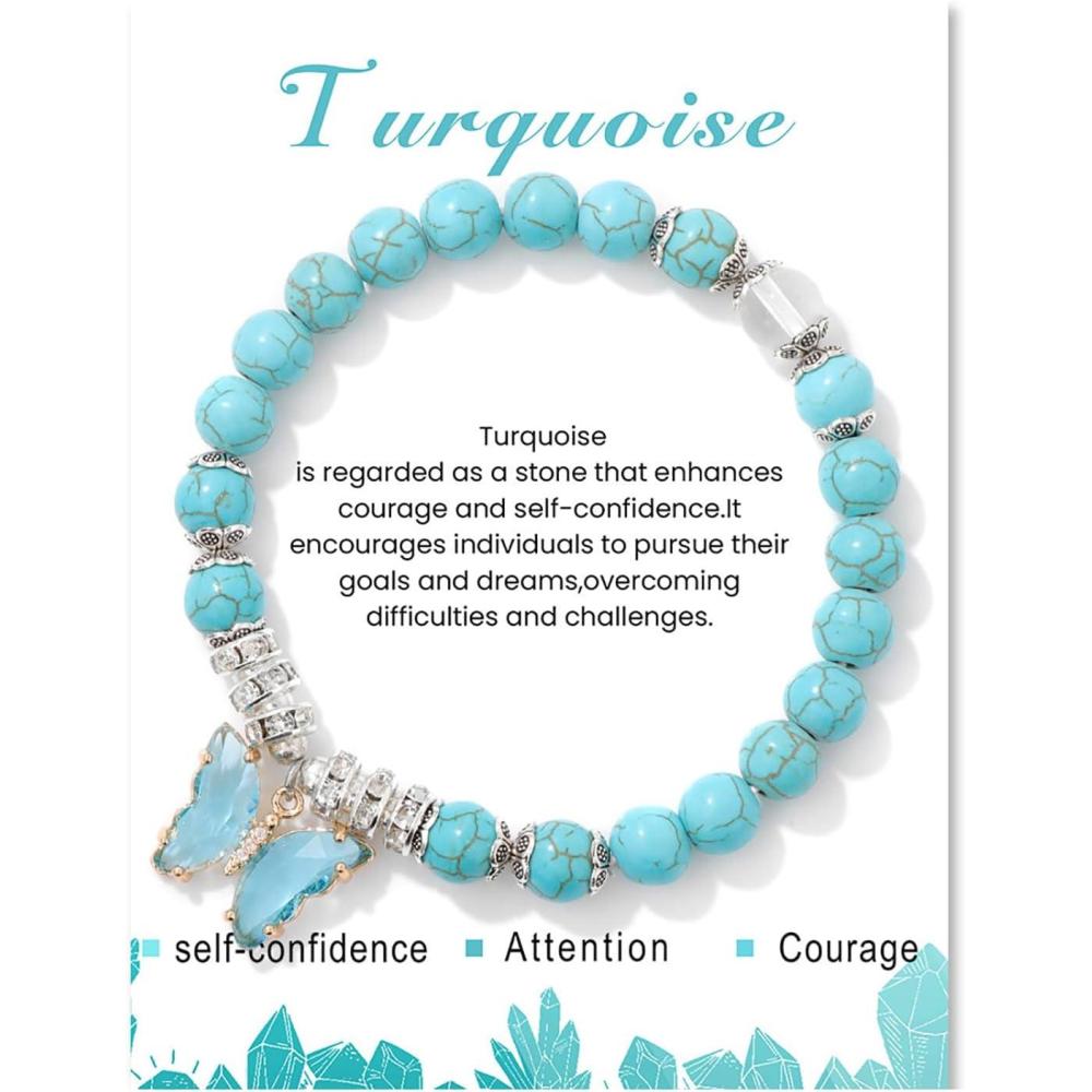 image:imageHealing Crystal Bracelet for Women 8mm Adjustable Butterfly Charm Bracelet Crystal Beaded Bracelets Butterfly Bracelets for Women GirlsTurquoise