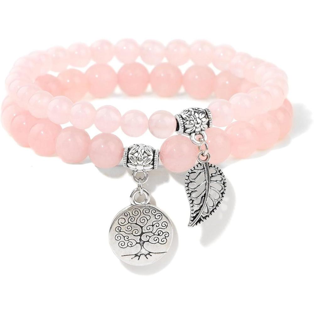 image:imageHealing Crystal Bracelet for Women Boho Tree of Life and Leaf Charm Bracelet Crystal Beaded Bracelets Anxiety Spiritual Gemstone Bracelet Natural Stone Stretch Bracelets Healing Gifts for Womenrose quartz