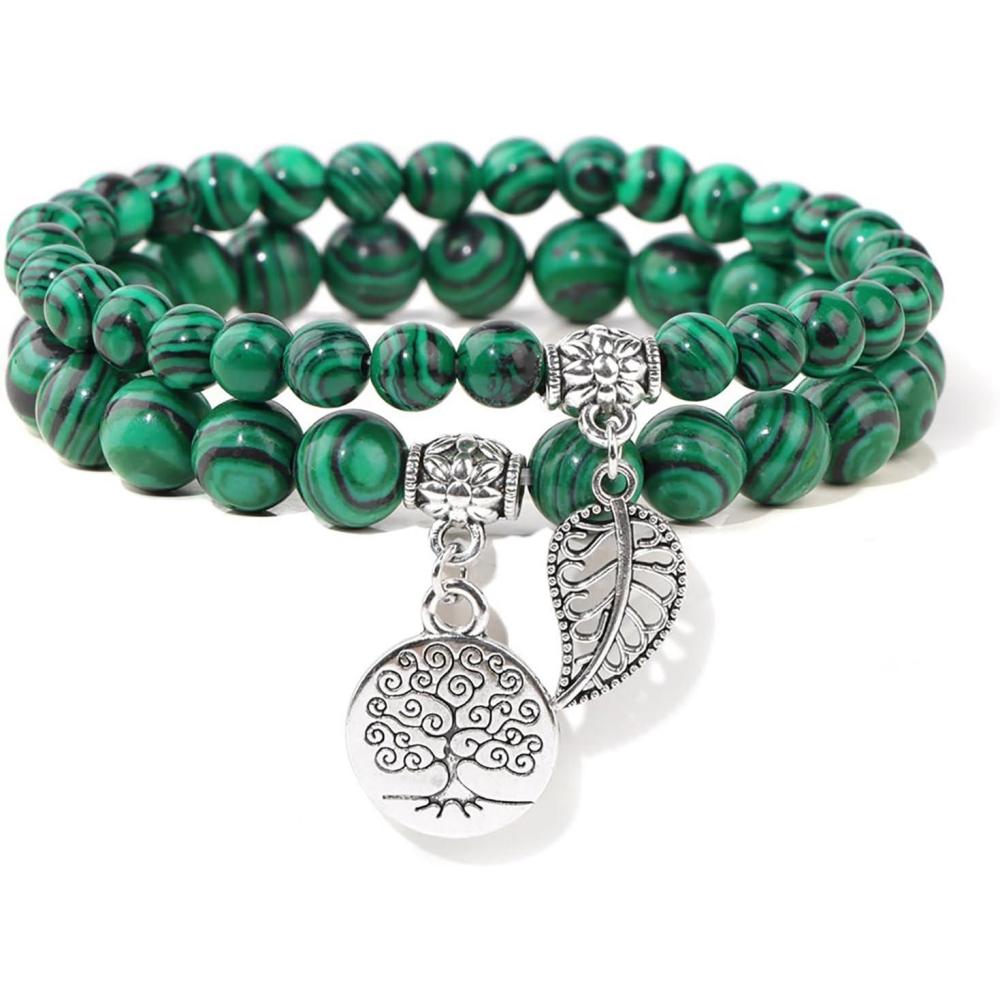 image:imageHealing Crystal Bracelet for Women Boho Tree of Life and Leaf Charm Bracelet Crystal Beaded Bracelets Anxiety Spiritual Gemstone Bracelet Natural Stone Stretch Bracelets Healing Gifts for Womenmalachite