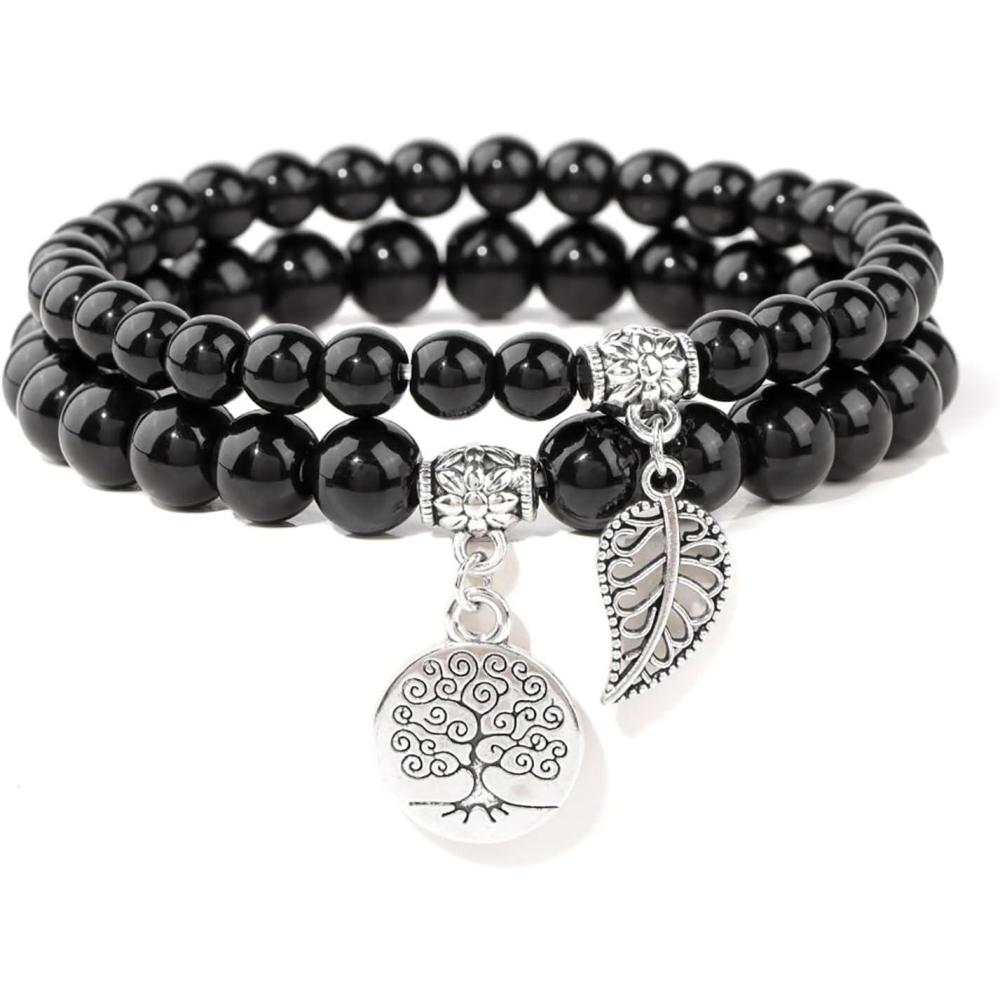 image:imageHealing Crystal Bracelet for Women Boho Tree of Life and Leaf Charm Bracelet Crystal Beaded Bracelets Anxiety Spiritual Gemstone Bracelet Natural Stone Stretch Bracelets Healing Gifts for Womenblack tourmaline