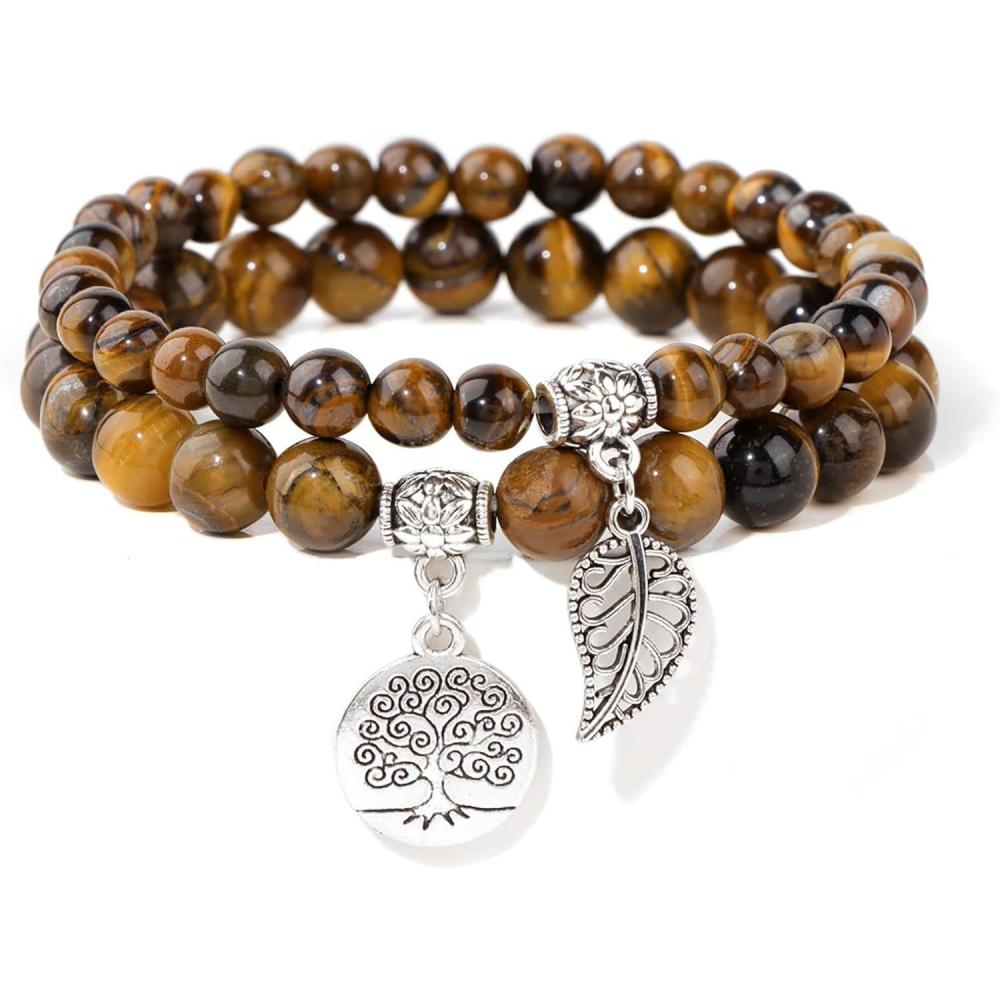 image:imageHealing Crystal Bracelet for Women Boho Tree of Life and Leaf Charm Bracelet Crystal Beaded Bracelets Anxiety Spiritual Gemstone Bracelet Natural Stone Stretch Bracelets Healing Gifts for Womentiger eye