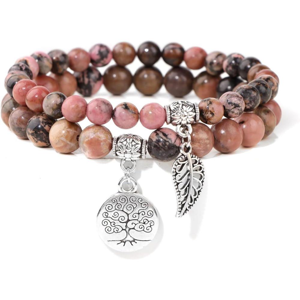 image:imageHealing Crystal Bracelet for Women Boho Tree of Life and Leaf Charm Bracelet Crystal Beaded Bracelets Anxiety Spiritual Gemstone Bracelet Natural Stone Stretch Bracelets Healing Gifts for Womenrhodonite