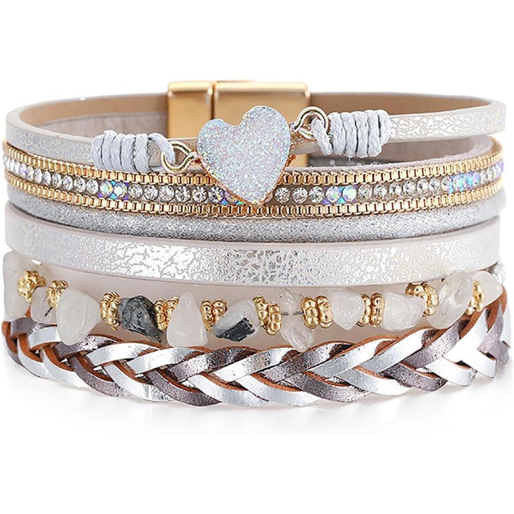 image:imageLeather Wrap Bracelets for Women Boho Trendy Handmade Stacked Sparkling Heart Bracelet Crystal Beads Cuff Bracelet with Magnetic Clasp Valentines Day Gifts for Women Teens GirlsGray