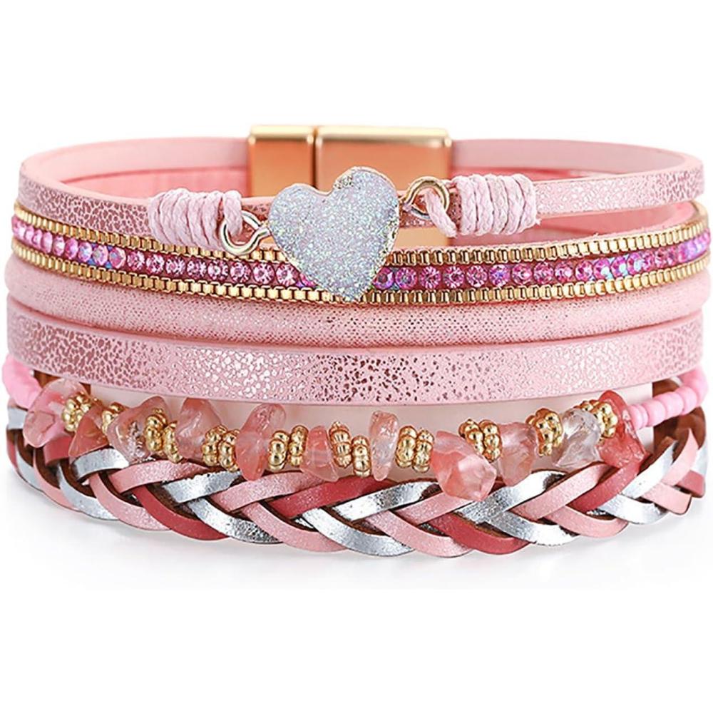 image:imageLeather Wrap Bracelets for Women Boho Trendy Handmade Stacked Sparkling Heart Bracelet Crystal Beads Cuff Bracelet with Magnetic Clasp Valentines Day Gifts for Women Teens GirlsPink