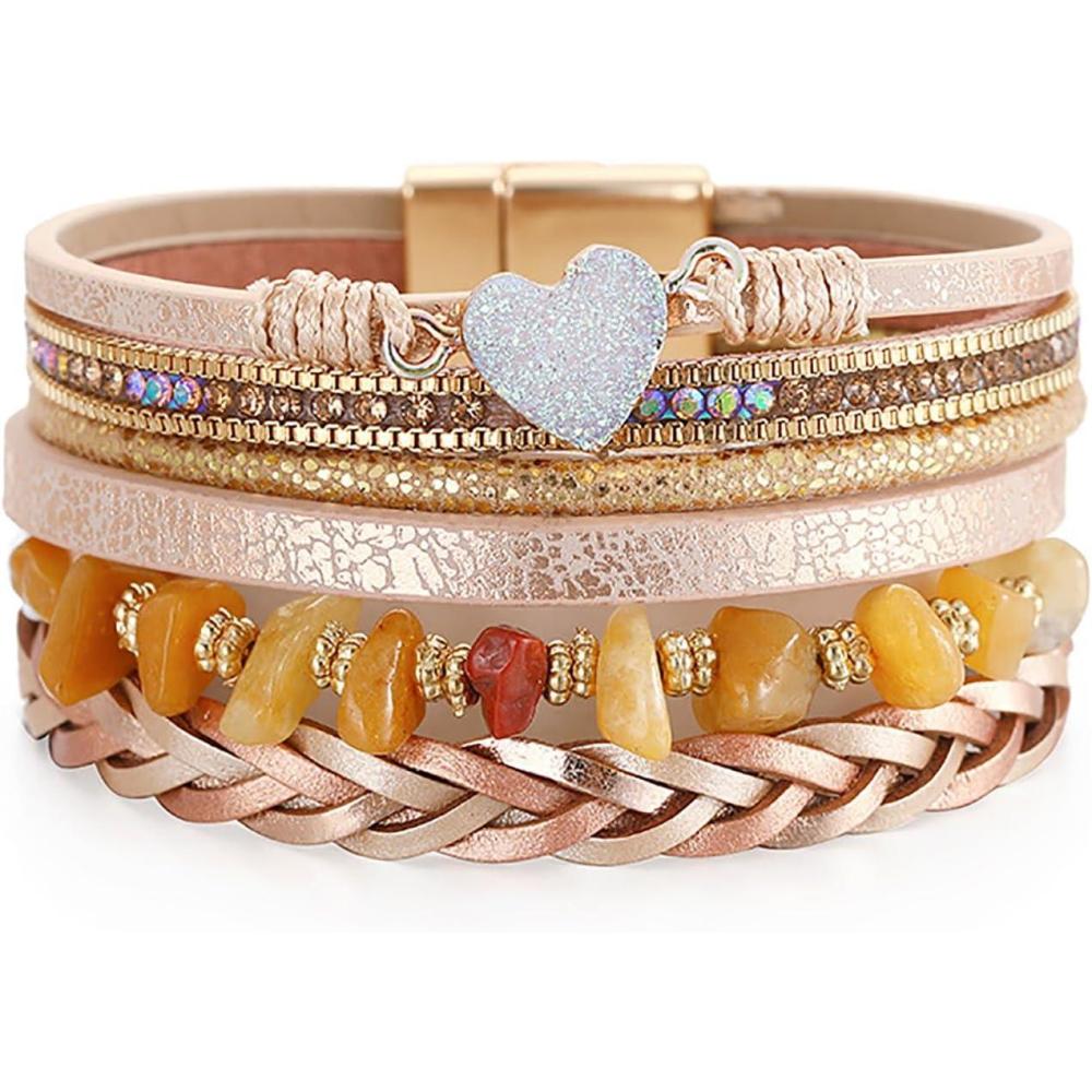 image:imageRose Gold Leather Bracelets for Women Boho Handmade Wrap Bracelets Stackable Sparkling Heart Bracelet Crystal Bead Cuff Bracelet with Magnetic Clasp Birthday Christmas Jewelry Gifts for Women