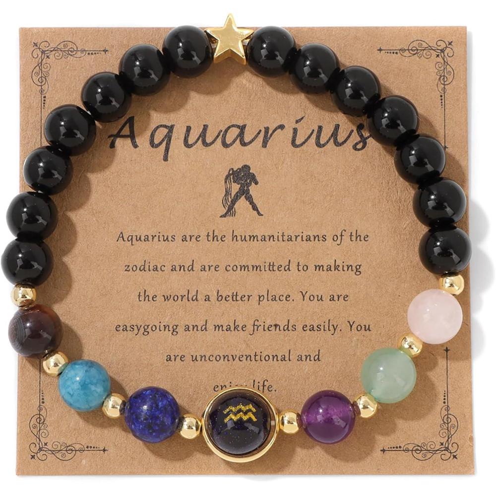 image:imageZodiac Bracelets for Women 12 Constellations 8mm Healing Crystal Bracelet Mens Black Beaded Bracelets Natural Stone Bracelets Birthstone Gifts Zodiac Gifts for WomenAquarius