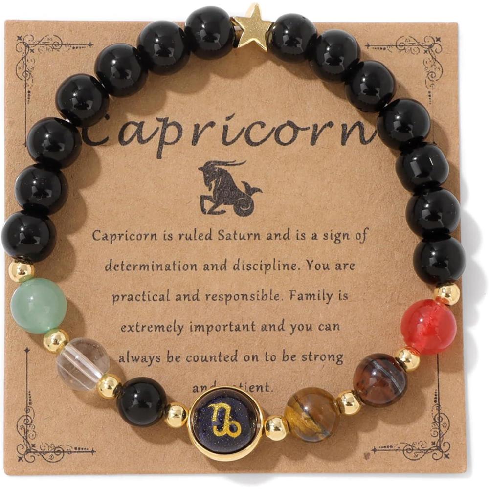 image:imageZodiac Bracelets for Women 12 Constellations 8mm Healing Crystal Bracelet Mens Black Beaded Bracelets Natural Stone Bracelets Birthstone Gifts Zodiac Gifts for WomenCapricorn